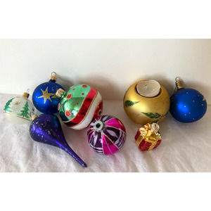 Lot 7 Vintage Glass Christmas Ornaments Assorted Shapes Sizes Gorgeous + Votive